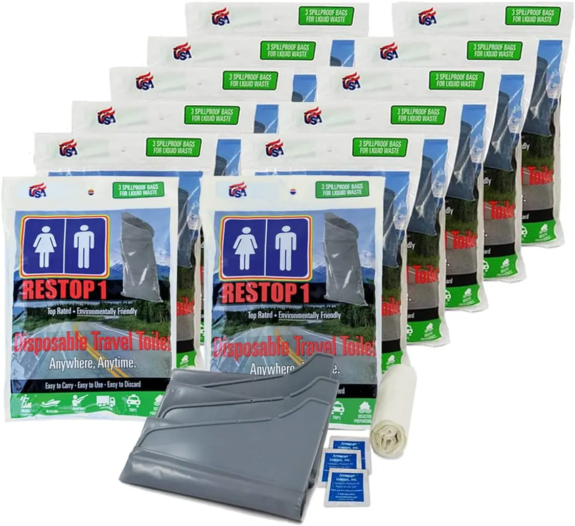 1: Portable Toilet Waste Bags for Liquids Only with Toilet Paper and Wet Wipes (Leak Proof Urinal Bags) - Pack of 12 (Each pack contains 3 urinal bags)