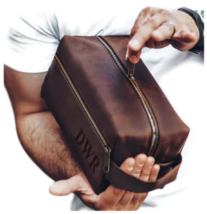 100% Genuine Leather Toiletry Bag Engraved Name or Initials – Crafted in USA – Personalized Travel Bag for Men – Customized Birthday, Anniversary, Father & Groomsmen Gift – Mens Waterproof Dopp Kit