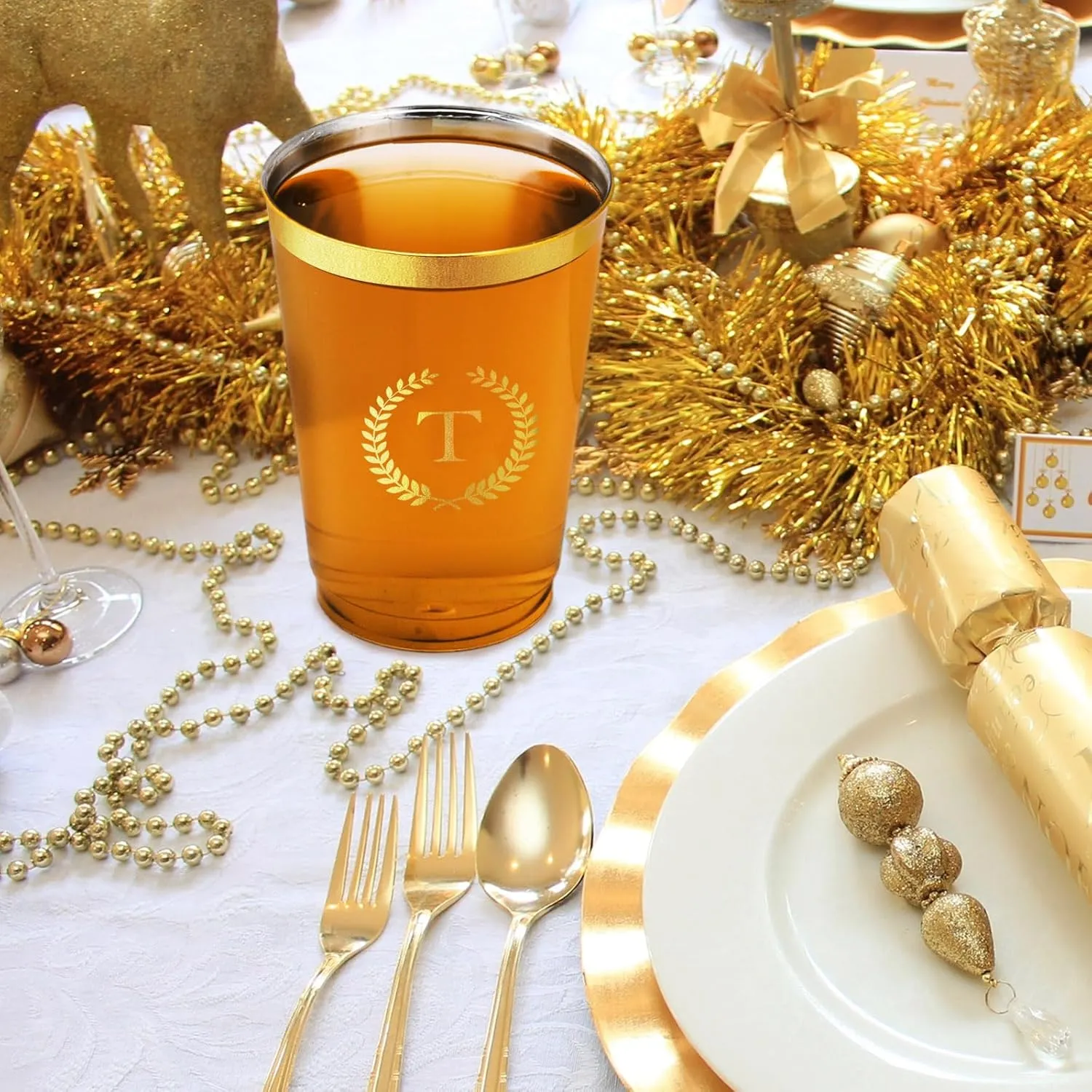 100 Pieces Monogrammed Plastic Cups Gold Foil Letter T Disposable Cups 12 oz Clear Initial Party Cups for Wedding Birthday Baby Shower Personalized Party Drinkware