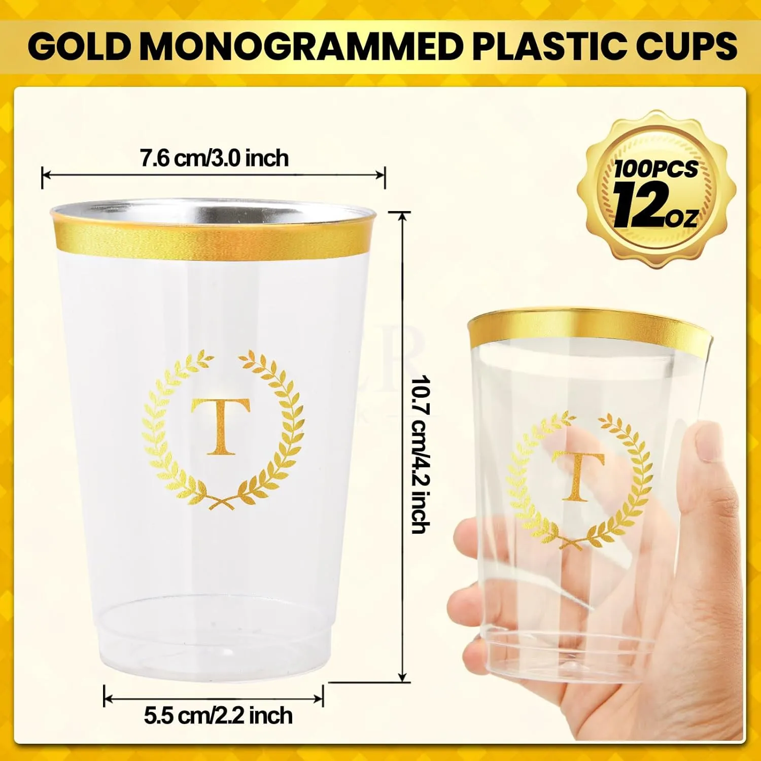 100 Pieces Monogrammed Plastic Cups Gold Foil Letter T Disposable Cups 12 oz Clear Initial Party Cups for Wedding Birthday Baby Shower Personalized Party Drinkware