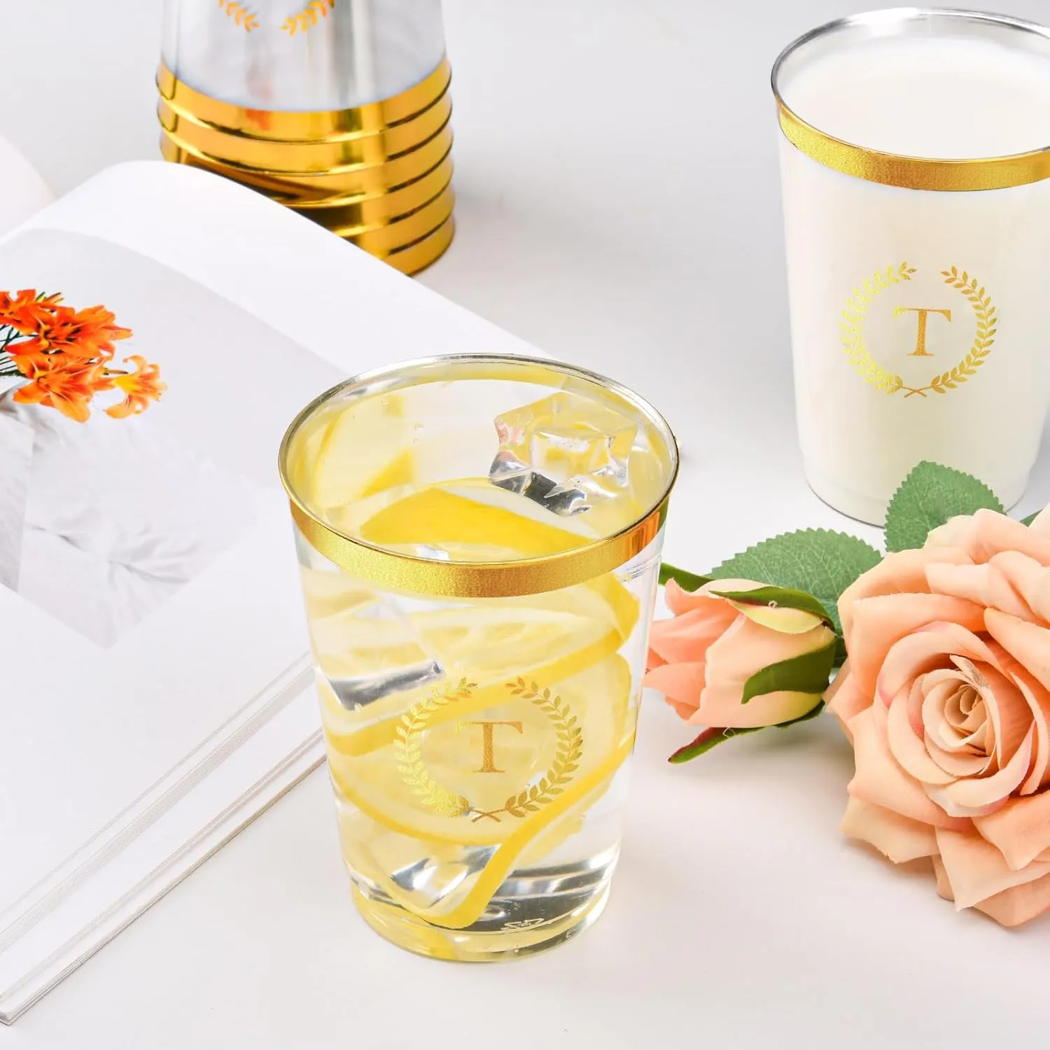 100 Pieces Monogrammed Plastic Cups Gold Foil Letter T Disposable Cups 12 oz Clear Initial Party Cups for Wedding Birthday Baby Shower Personalized Party Drinkware