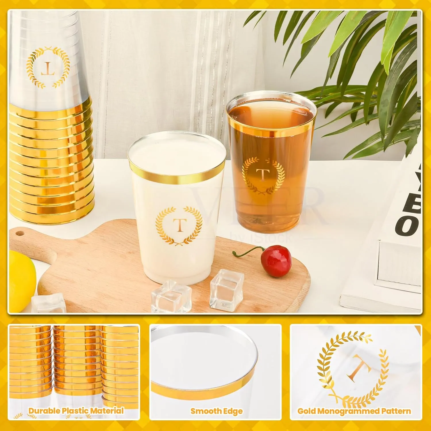 100 Pieces Monogrammed Plastic Cups Gold Foil Letter T Disposable Cups 12 oz Clear Initial Party Cups for Wedding Birthday Baby Shower Personalized Party Drinkware