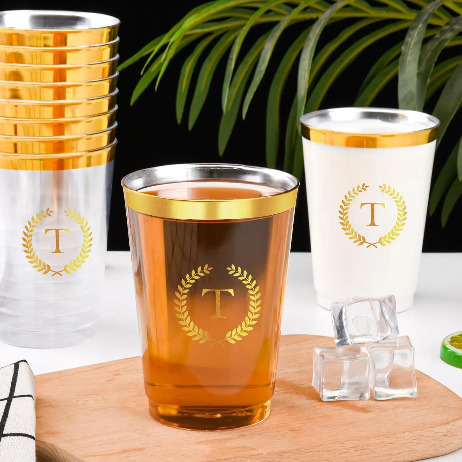 100 Pieces Monogrammed Plastic Cups Gold Foil Letter T Disposable Cups 12 oz Clear Initial Party Cups for Wedding Birthday Baby Shower Personalized Party Drinkware