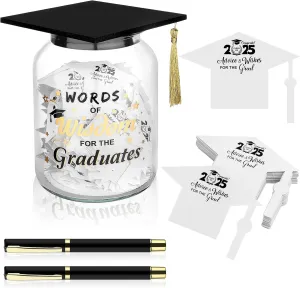 103 Pcs Graduation Wish Jar Set Class of 2025 Graduation Cap Jar with 100 Graduation Advice Cards and 2 Pens Words of Wisdom Grad Jar Graduation Gift for High School College Grad Party Favors