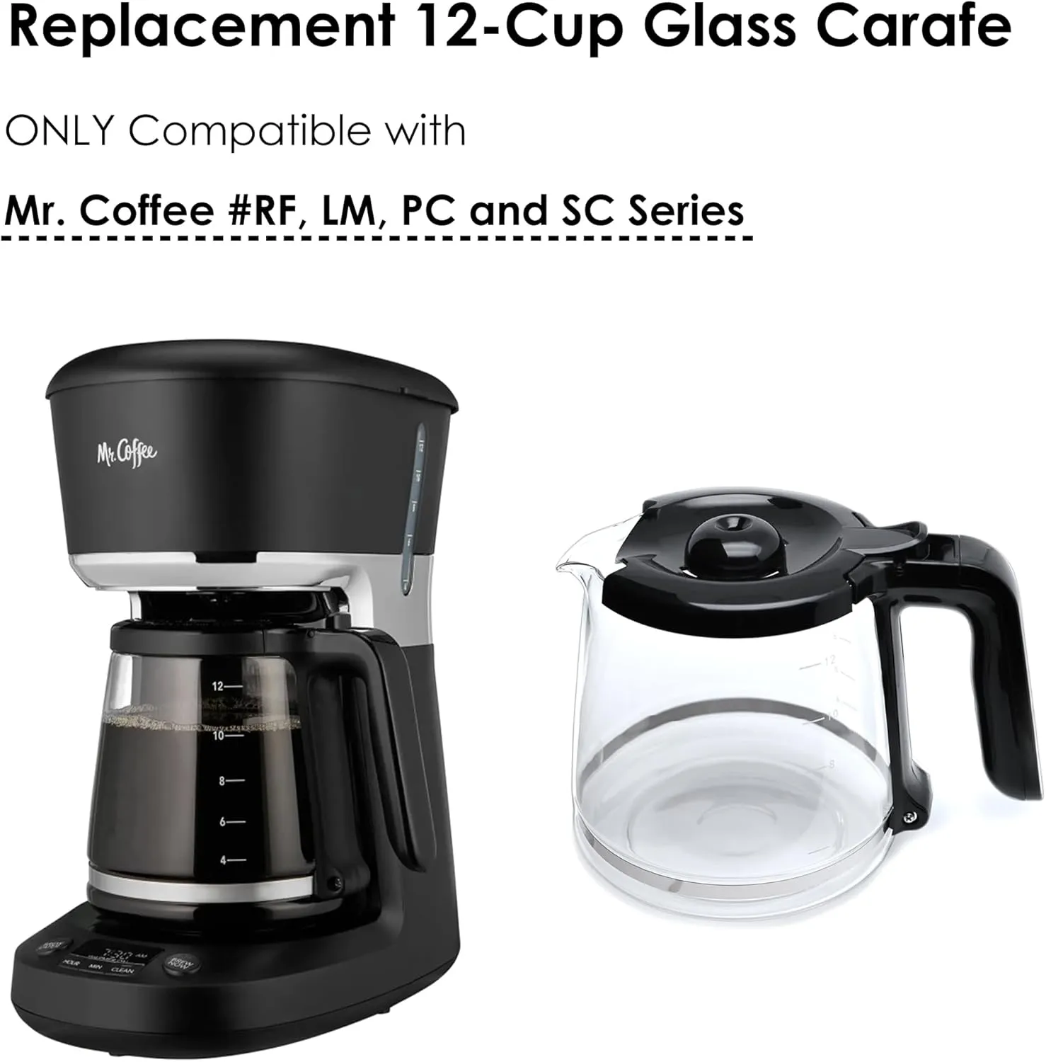 12-Cup Replacement Glass Carafe, Compatible with Mr. Coffee (#RF, LM, PC and SC Series - Black Handle)