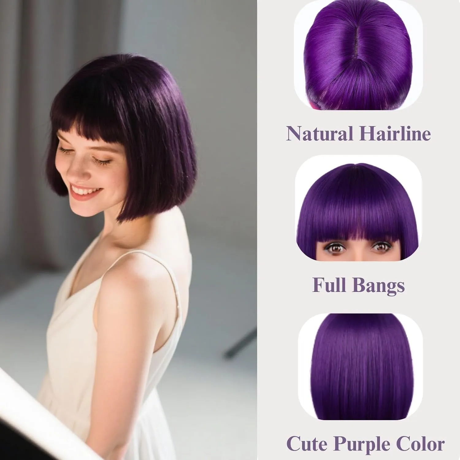 12'' Short Purple Bob Wig with Bangs for Halloween Daily Cosplay & Party Use, Heat Resistant Straight Synthetic Costume Dark Purple Wigs for Women