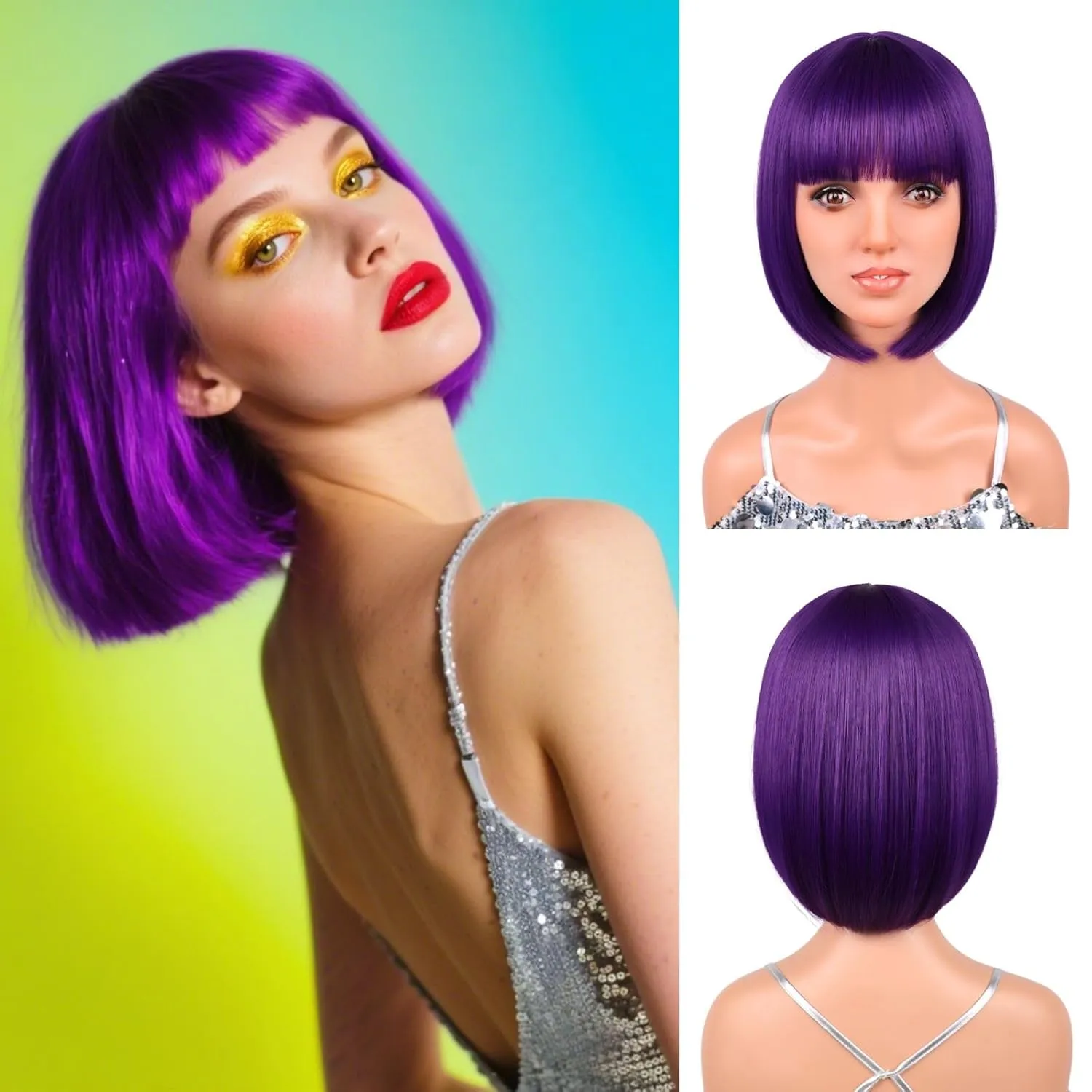 12'' Short Purple Bob Wig with Bangs for Halloween Daily Cosplay & Party Use, Heat Resistant Straight Synthetic Costume Dark Purple Wigs for Women