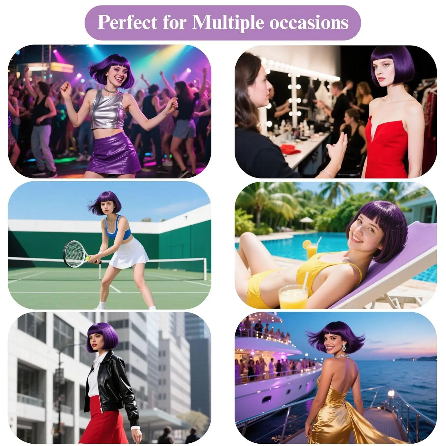 12'' Short Purple Bob Wig with Bangs for Halloween Daily Cosplay & Party Use, Heat Resistant Straight Synthetic Costume Dark Purple Wigs for Women
