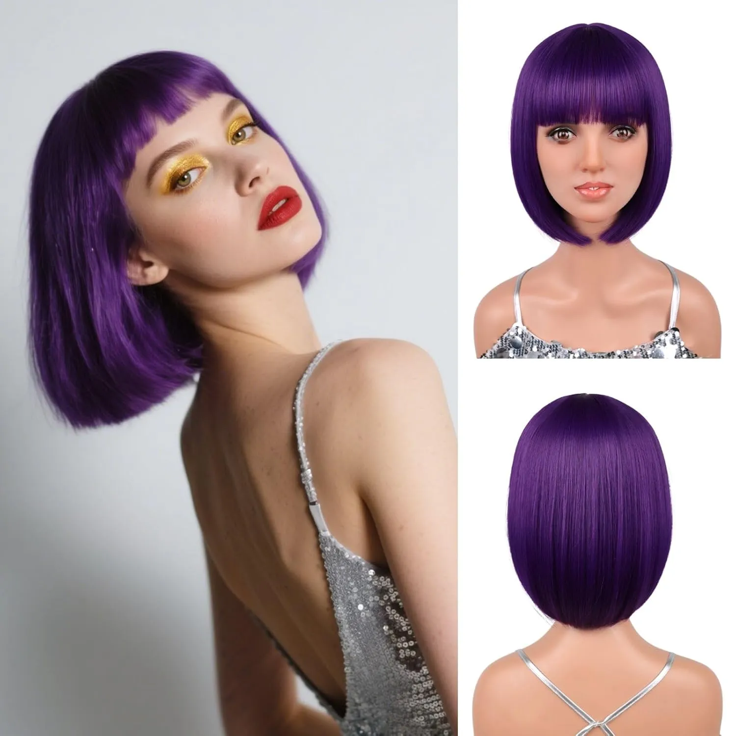 12'' Short Purple Bob Wig with Bangs for Halloween Daily Cosplay & Party Use, Heat Resistant Straight Synthetic Costume Dark Purple Wigs for Women