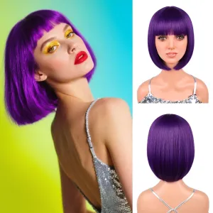 12'' Short Purple Bob Wig with Bangs for Halloween Daily Cosplay & Party Use, Heat Resistant Straight Synthetic Costume Dark Purple Wigs for Women