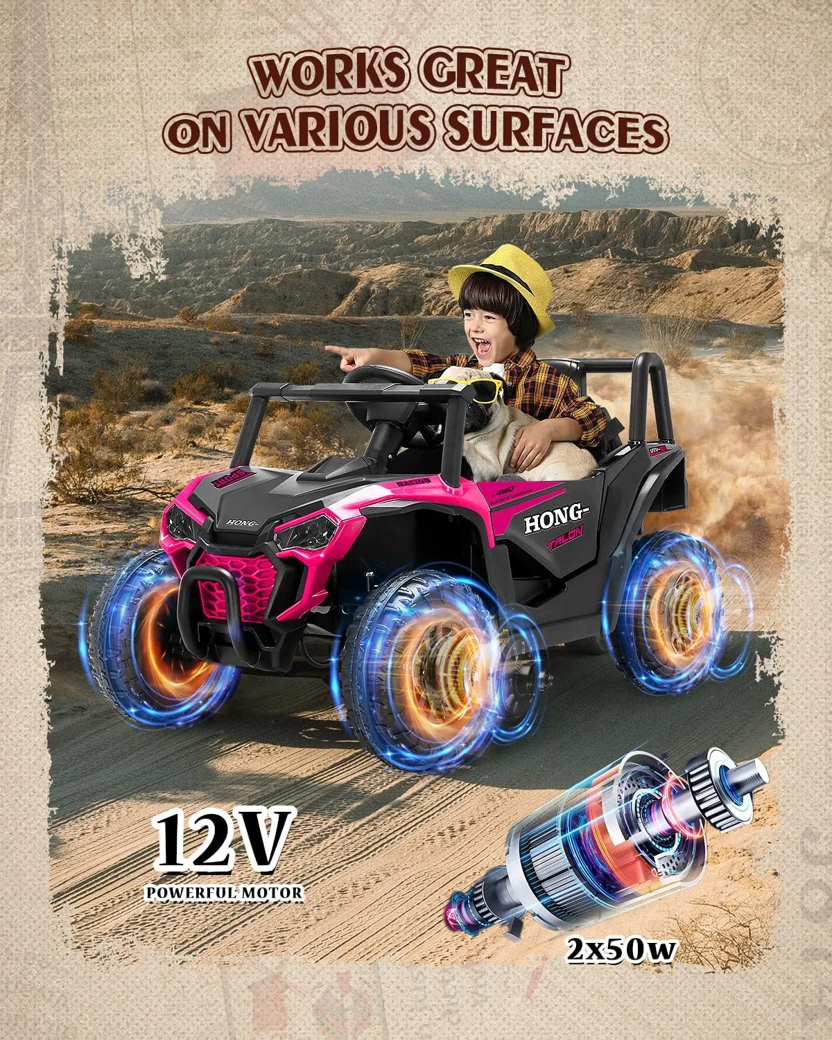 12V Kids Ride on Car, Battery Powered Electric UTV Truck with Parent Remote Control, Bluetooth, Music, LED Light, 3 Speeds, Ride on Toys for Boys Gilrs (Pink)