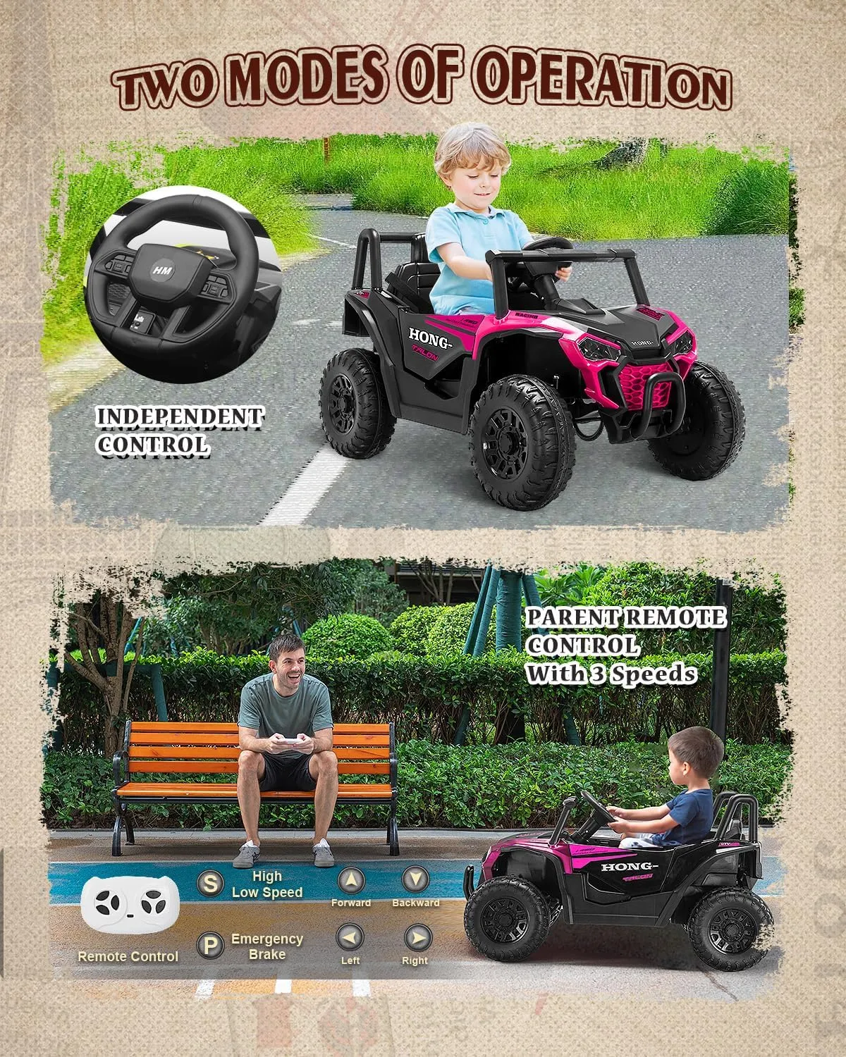 12V Kids Ride on Car, Battery Powered Electric UTV Truck with Parent Remote Control, Bluetooth, Music, LED Light, 3 Speeds, Ride on Toys for Boys Gilrs (Pink)