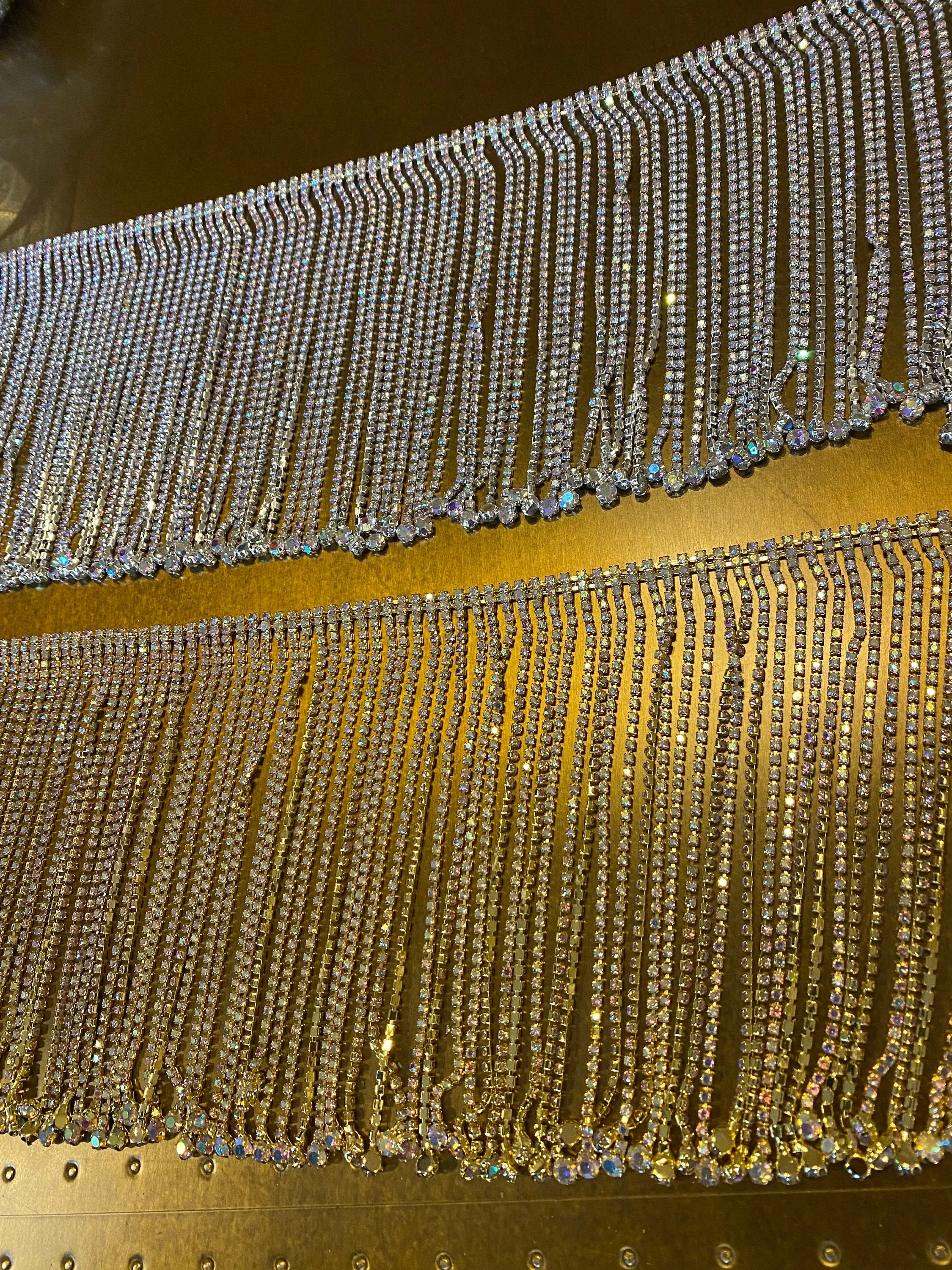 14cm Wide, Diamanté Fringe Trim, Dense Rhinestone Fringe Irridecscent Stones, Fashion Fringe, Diamanté & Ball Trim, Rhinestone, Gold, Silver