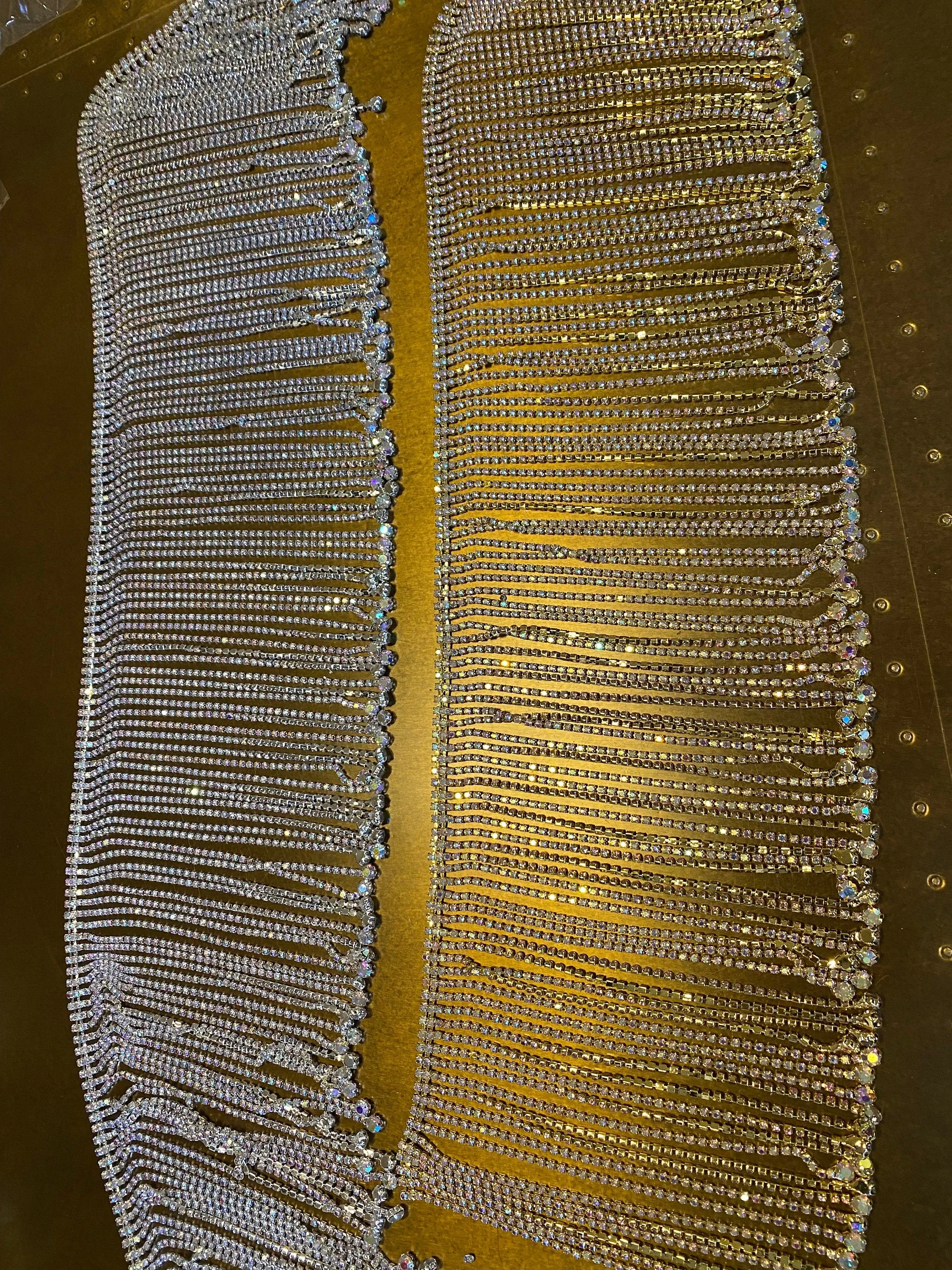 14cm Wide, Diamanté Fringe Trim, Dense Rhinestone Fringe Irridecscent Stones, Fashion Fringe, Diamanté & Ball Trim, Rhinestone, Gold, Silver