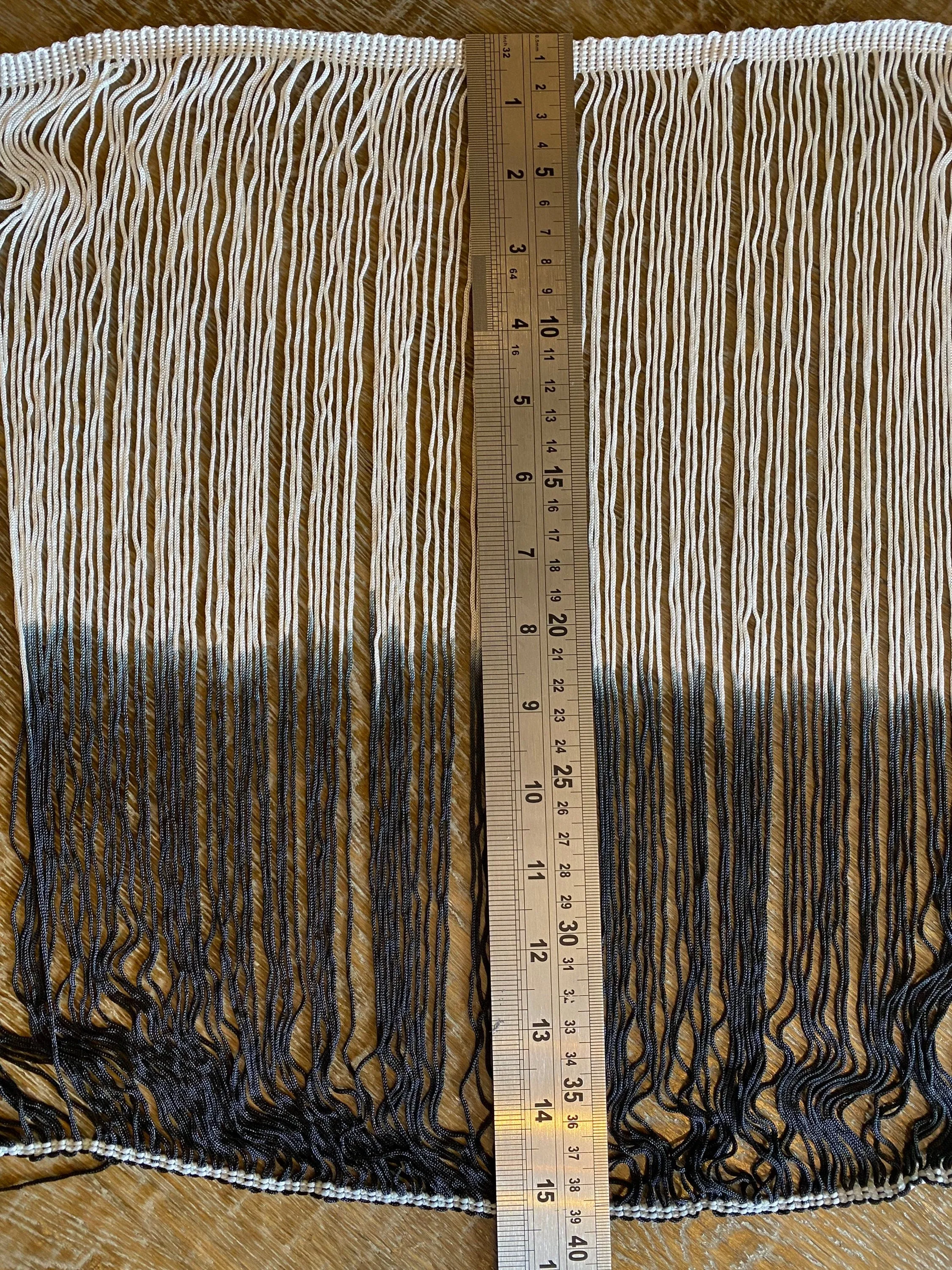 15” wide Fringe, Tie Dye Fringe, Black Ivory Tie Dye Fringe
