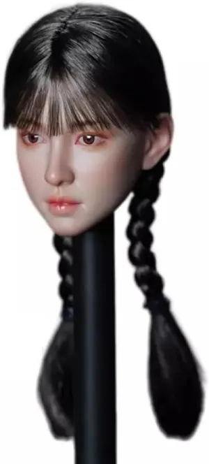 1/6 Scale Female Head Sculpt Asian Girl Air Fringe Black Double Twist Braid Head for 12inch Phicen, TBLeague Action Figure Body Collection