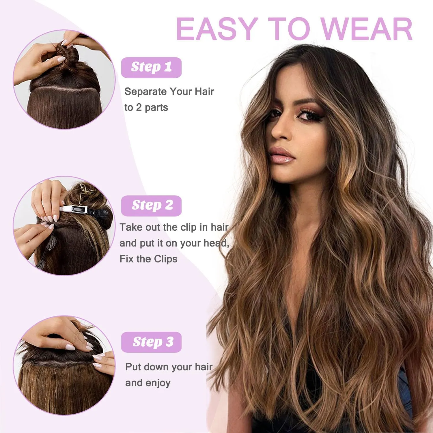 16" Remy Clip in Hair Extensions Human Hair Balayage Medium Brown to Chestnut Blonde Highlight Clip in Hair One Piece Ombre Blonde 4/27 Body Wave Curly Clip in Hairpieces Double Weft 80G for Women