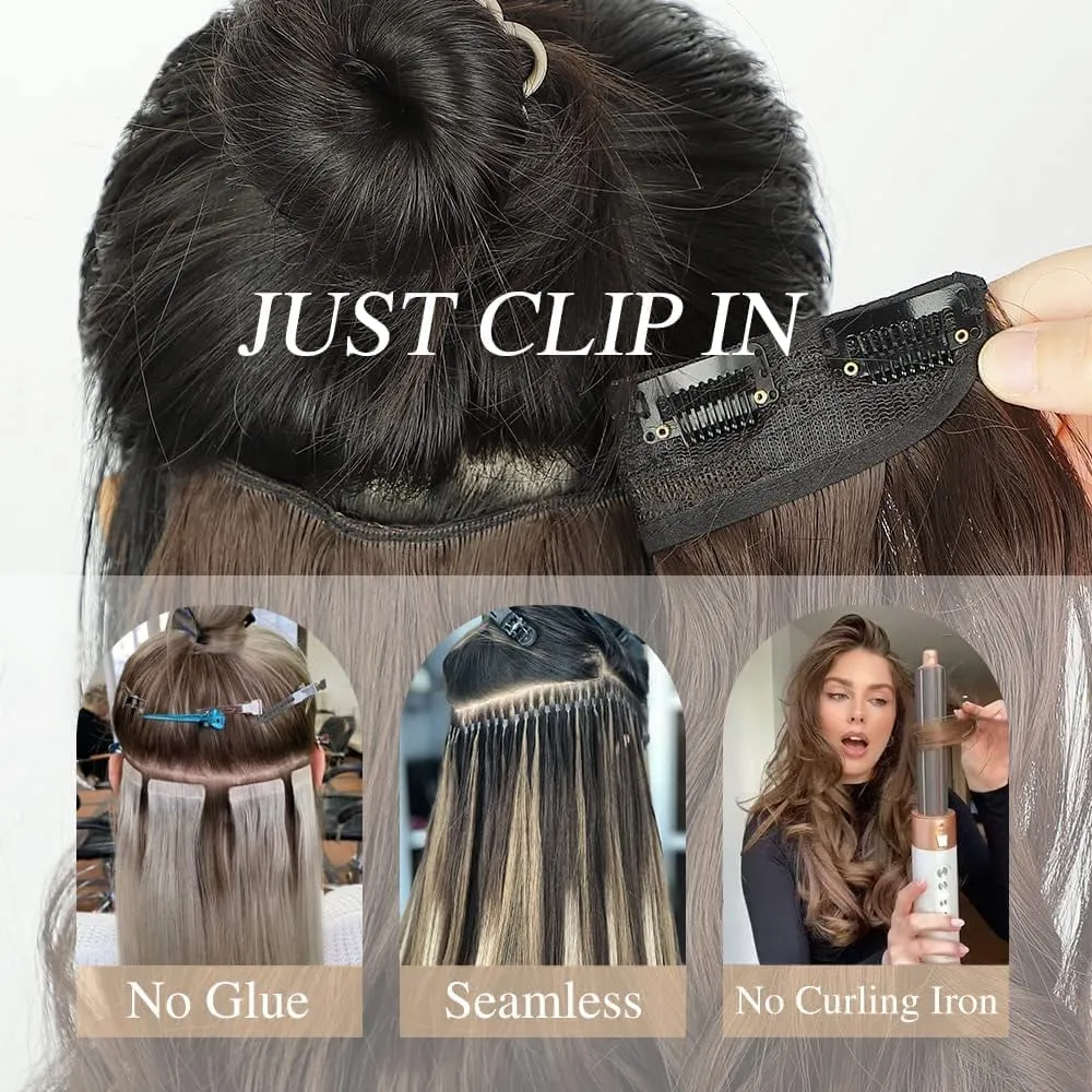 16" Remy Clip in Hair Extensions Human Hair Balayage Medium Brown to Chestnut Blonde Highlight Clip in Hair One Piece Ombre Blonde 4/27 Body Wave Curly Clip in Hairpieces Double Weft 80G for Women