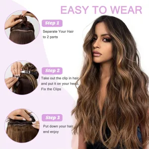 16" Remy Clip in Hair Extensions Human Hair Balayage Medium Brown to Chestnut Blonde Highlight Clip in Hair One Piece Ombre Blonde 4/27 Body Wave Curly Clip in Hairpieces Double Weft 80G for Women