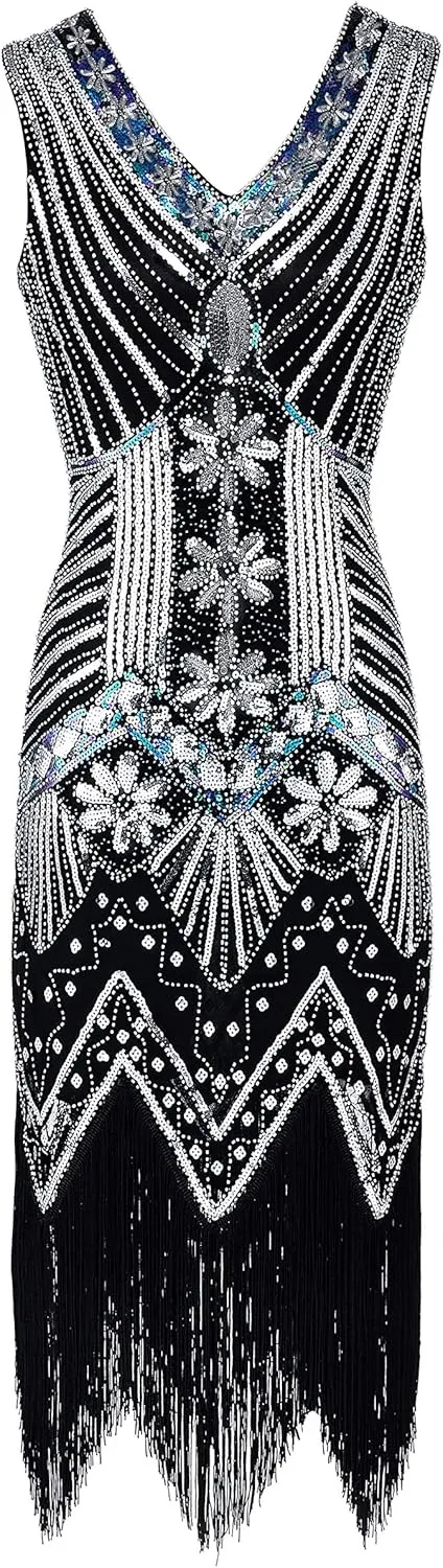 1920s Women's Gatsby Costume Flapper Dresses V Neck Fringed Dress with 20s Accessories Set of 7