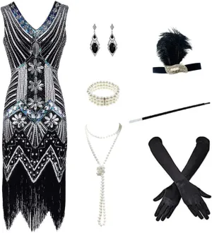 1920s Women's Gatsby Costume Flapper Dresses V Neck Fringed Dress with 20s Accessories Set of 7