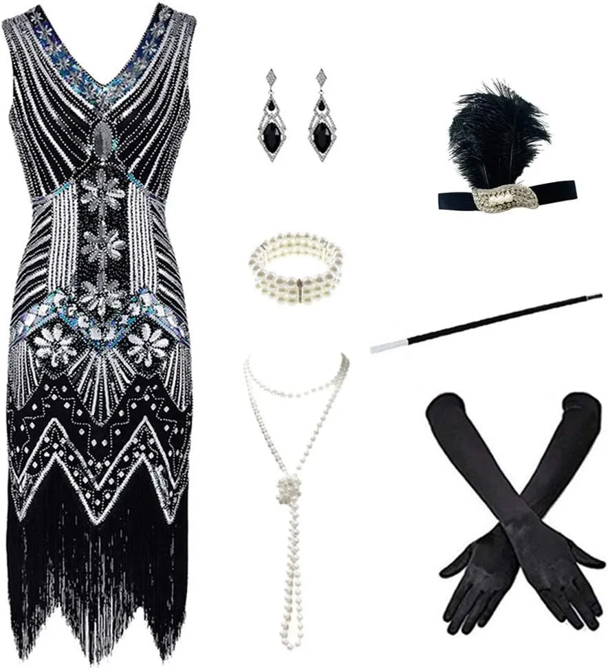1920s Women's Gatsby Costume Flapper Dresses V Neck Fringed Dress with 20s Accessories Set of 7