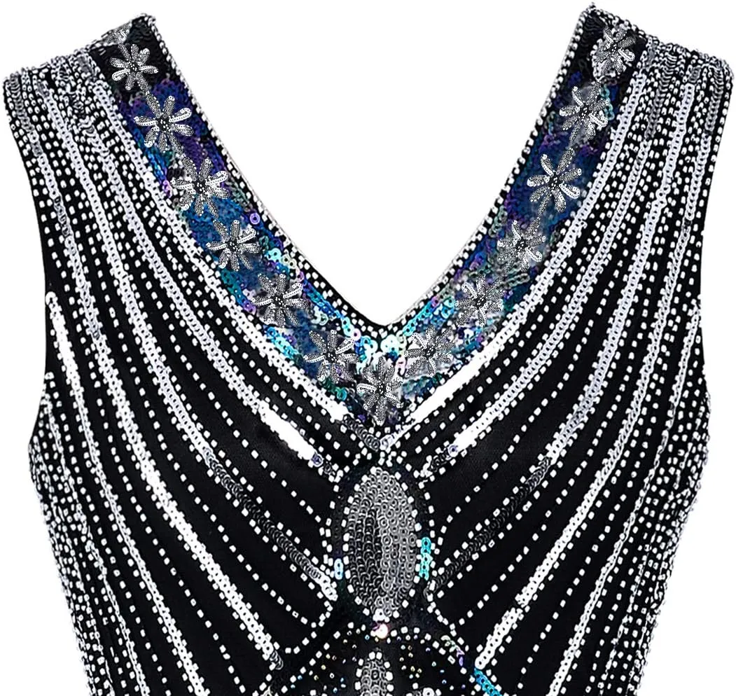 1920s Women's Gatsby Costume Flapper Dresses V Neck Fringed Dress with 20s Accessories Set of 7