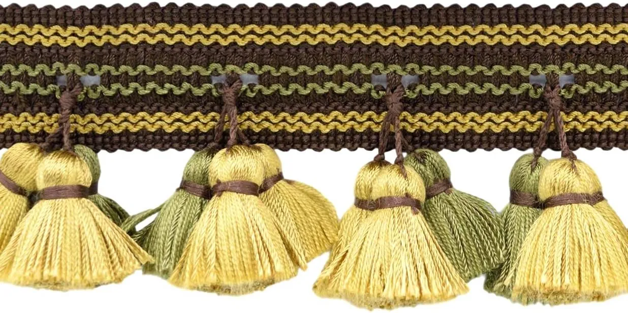 2 1/2" Long (6cm) Arbor Collection Wide Detailed Gimp with Full Cascading Tassel | Fringe Trim (TFAR025), Mocha Olive Brown #AR04 (Dark Brown, Olive Green, Yellow Gold) 18 Yards (54 ft/16.5m)