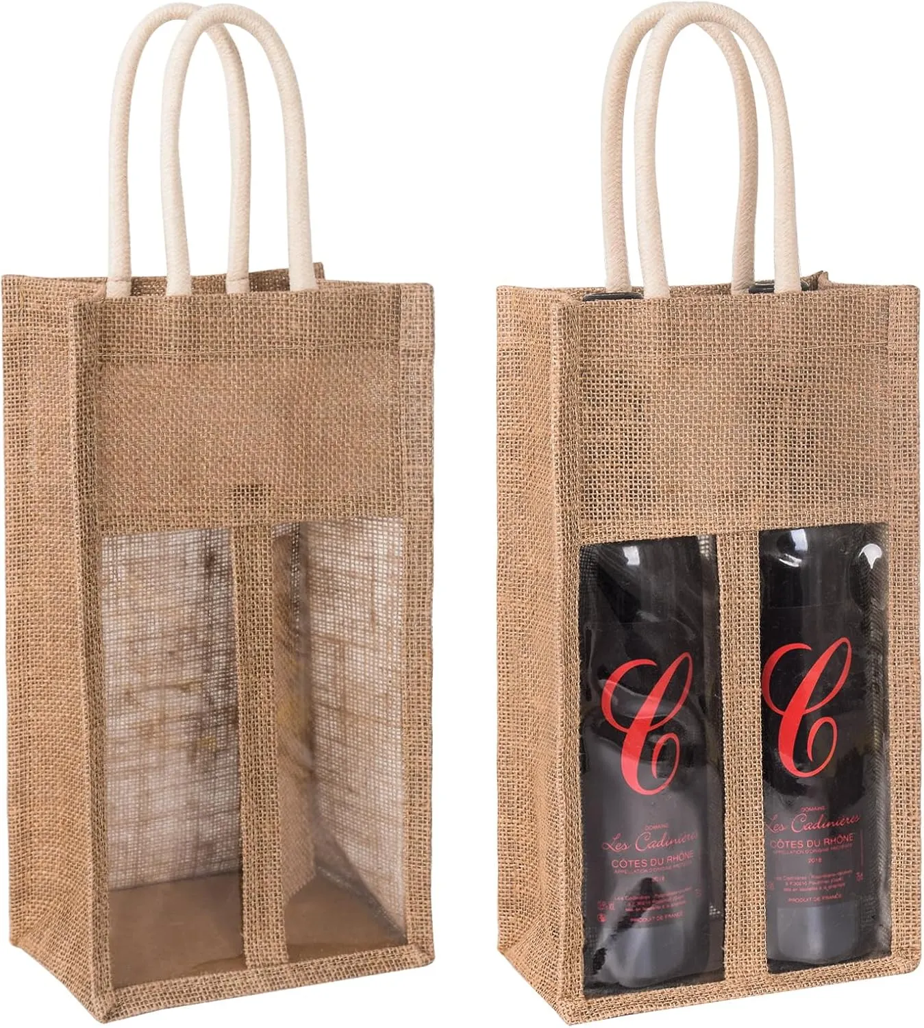 (2-Pack) Reusable 2-Bottle Wine & Champagne Gift Bag Set - Burlap with PVC Window & Handle, 2-Compartment Design for Travel, Weddings, Parties