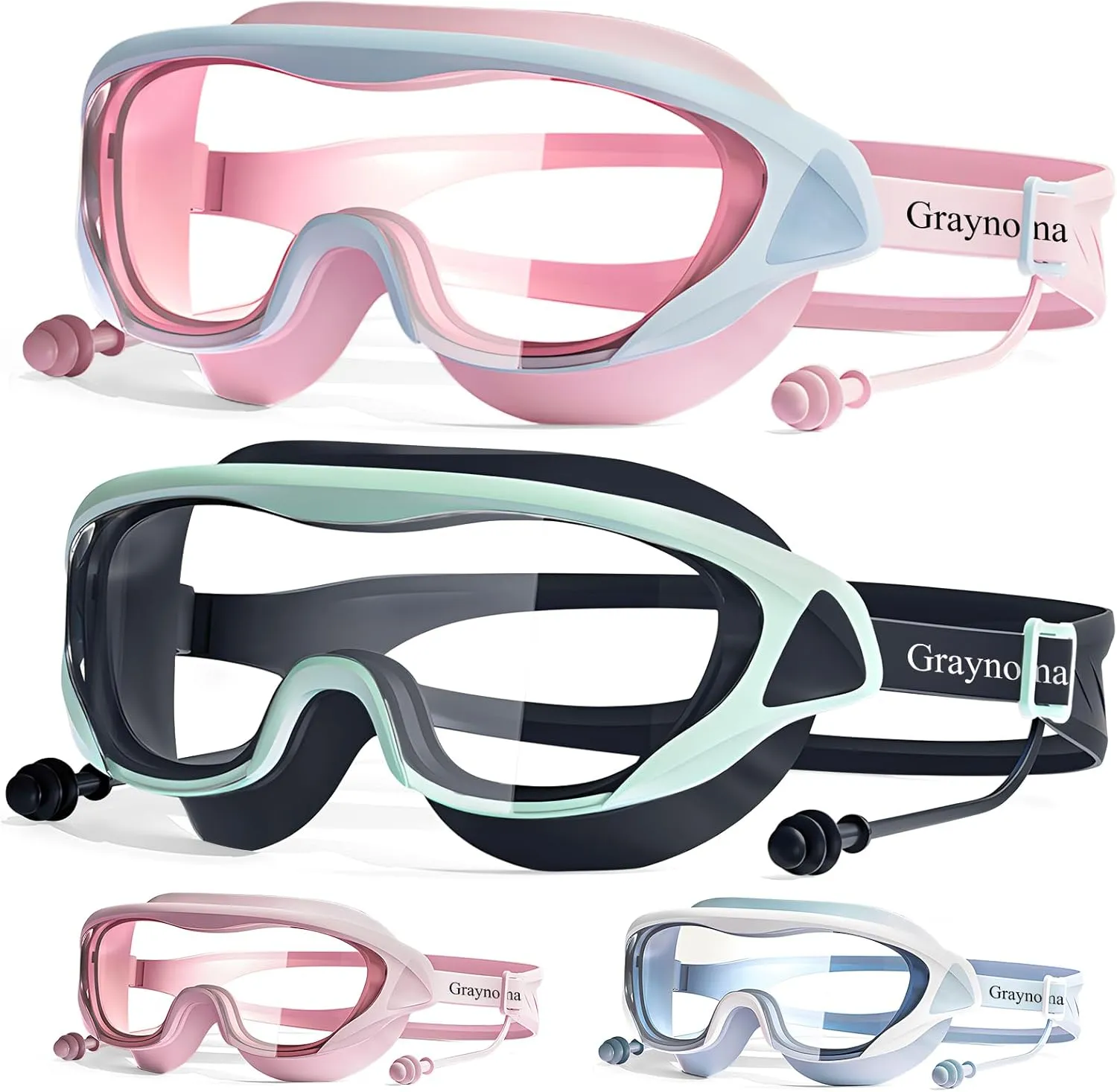 2 Packs Swim Goggles Attached Earplugs Anti-Fog UV Protection Swimming Goggles for Teens and Youths Aged 10-18