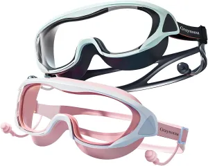 2 Packs Swim Goggles Attached Earplugs Anti-Fog UV Protection Swimming Goggles for Teens and Youths Aged 10-18