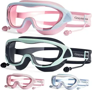 2 Packs Swim Goggles Attached Earplugs Anti-Fog UV Protection Swimming Goggles for Teens and Youths Aged 10-18