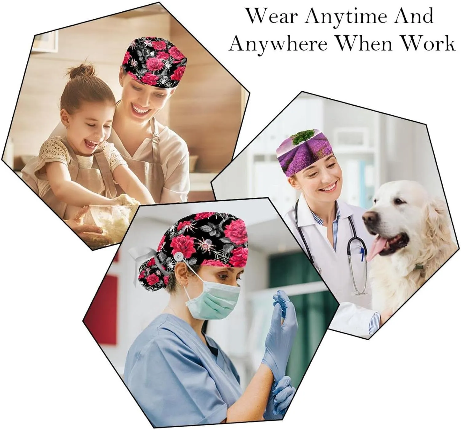 2 Packs Working Cap with Button for Women Long Hair Adjustable Elastic Bandage Tie Back Hats Bouffant Caps Floral