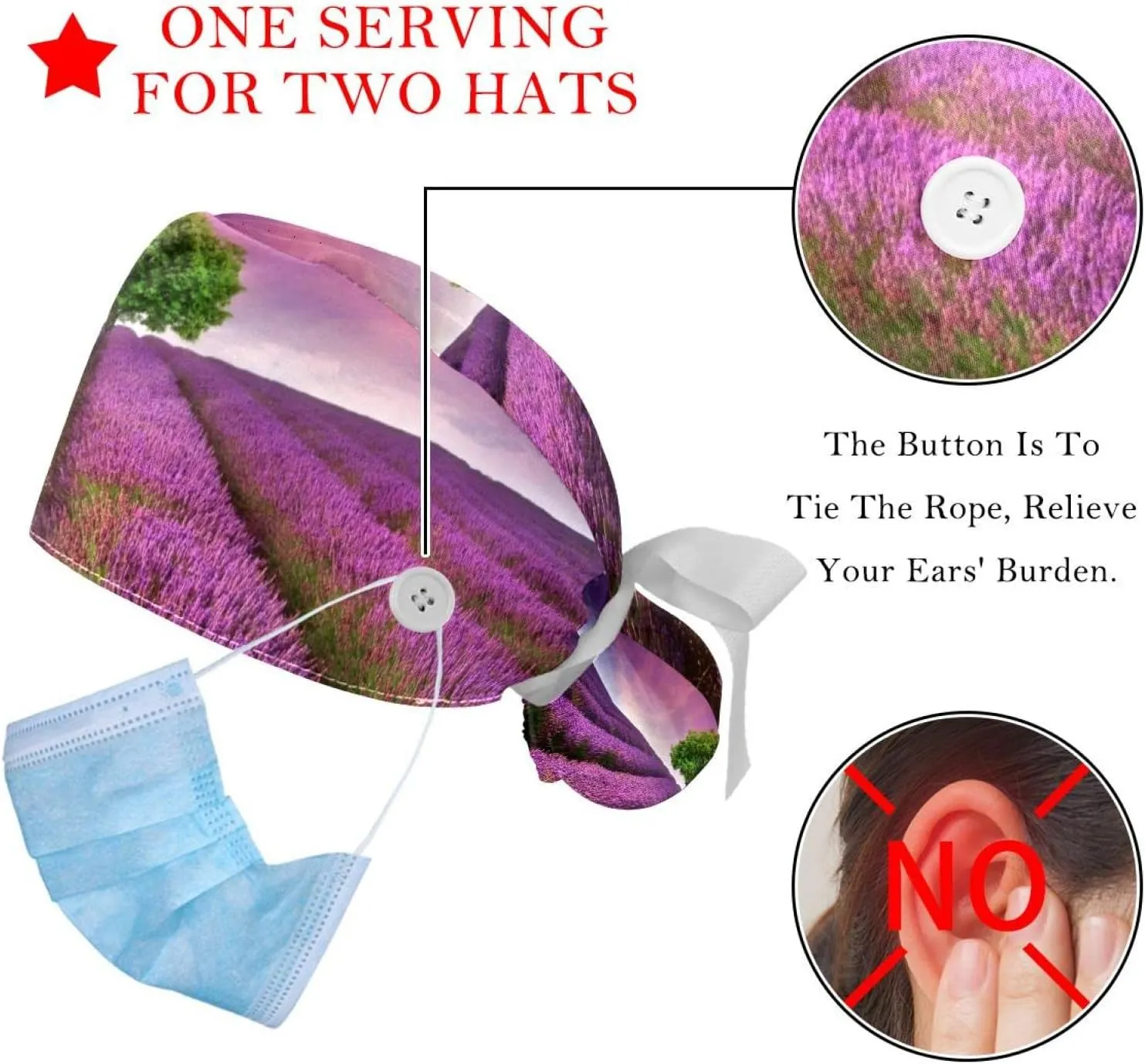 2 Packs Working Cap with Button for Women Long Hair Adjustable Elastic Bandage Tie Back Hats Bouffant Caps Floral