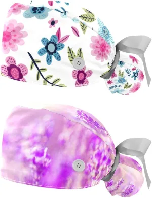 2 Packs Working Cap with Button for Women Long Hair Adjustable Elastic Bandage Tie Back Hats Bouffant Caps Floral