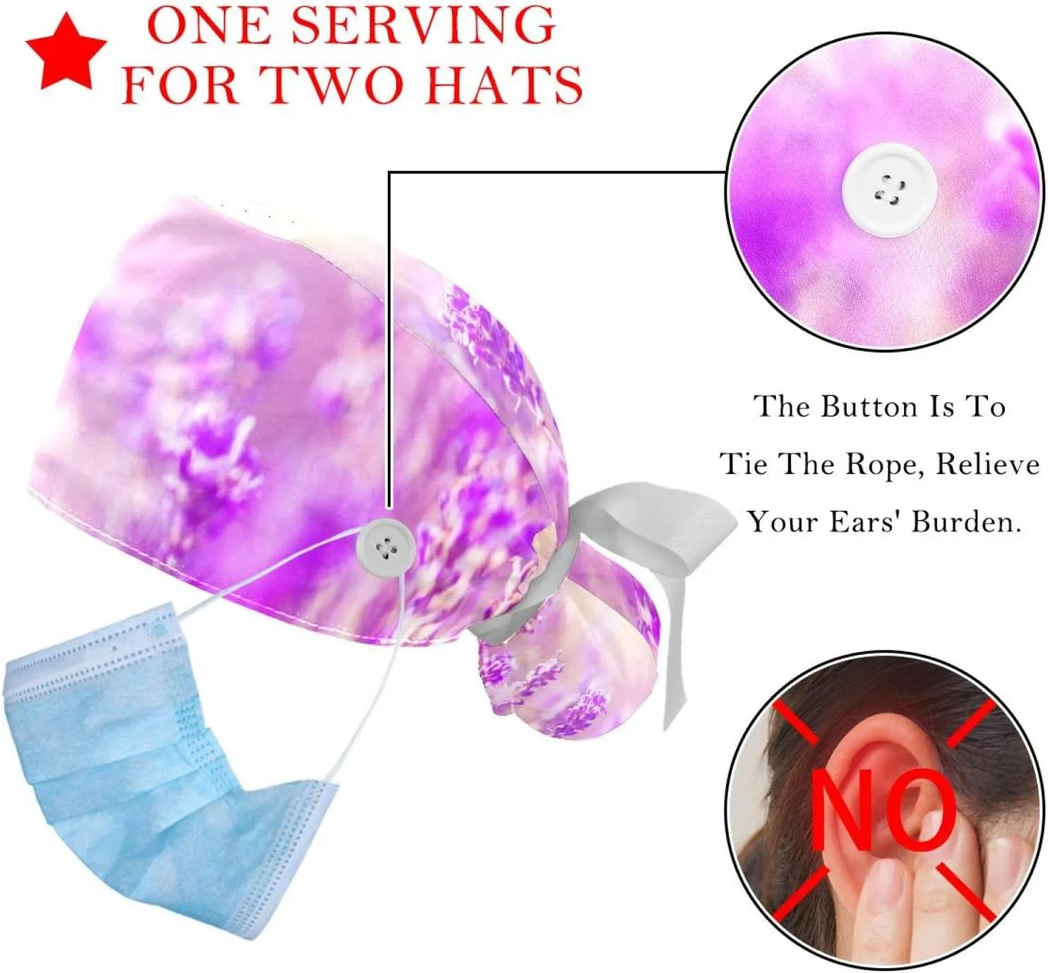 2 Packs Working Cap with Button for Women Long Hair Adjustable Elastic Bandage Tie Back Hats Bouffant Caps Floral