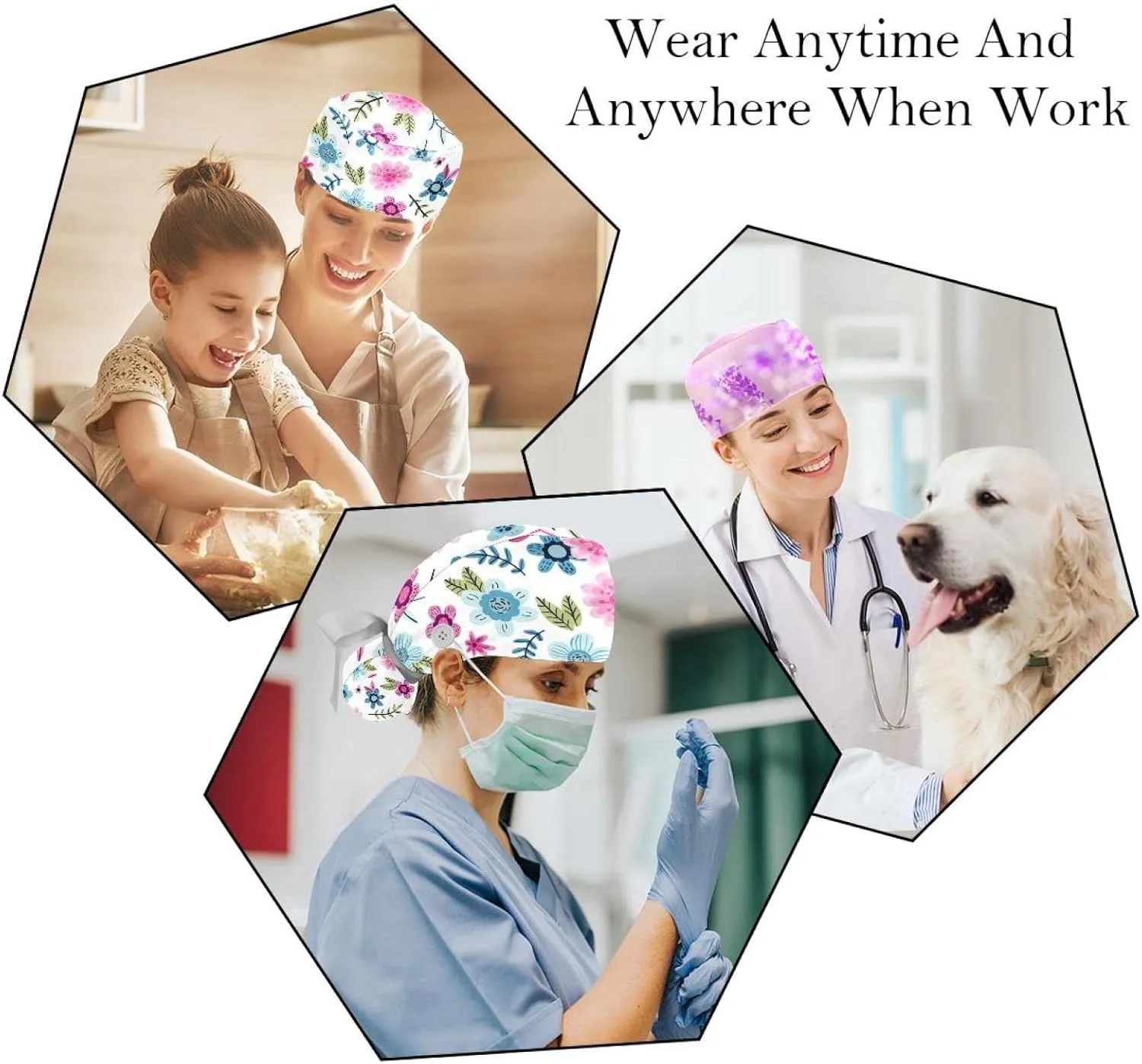 2 Packs Working Cap with Button for Women Long Hair Adjustable Elastic Bandage Tie Back Hats Bouffant Caps Floral