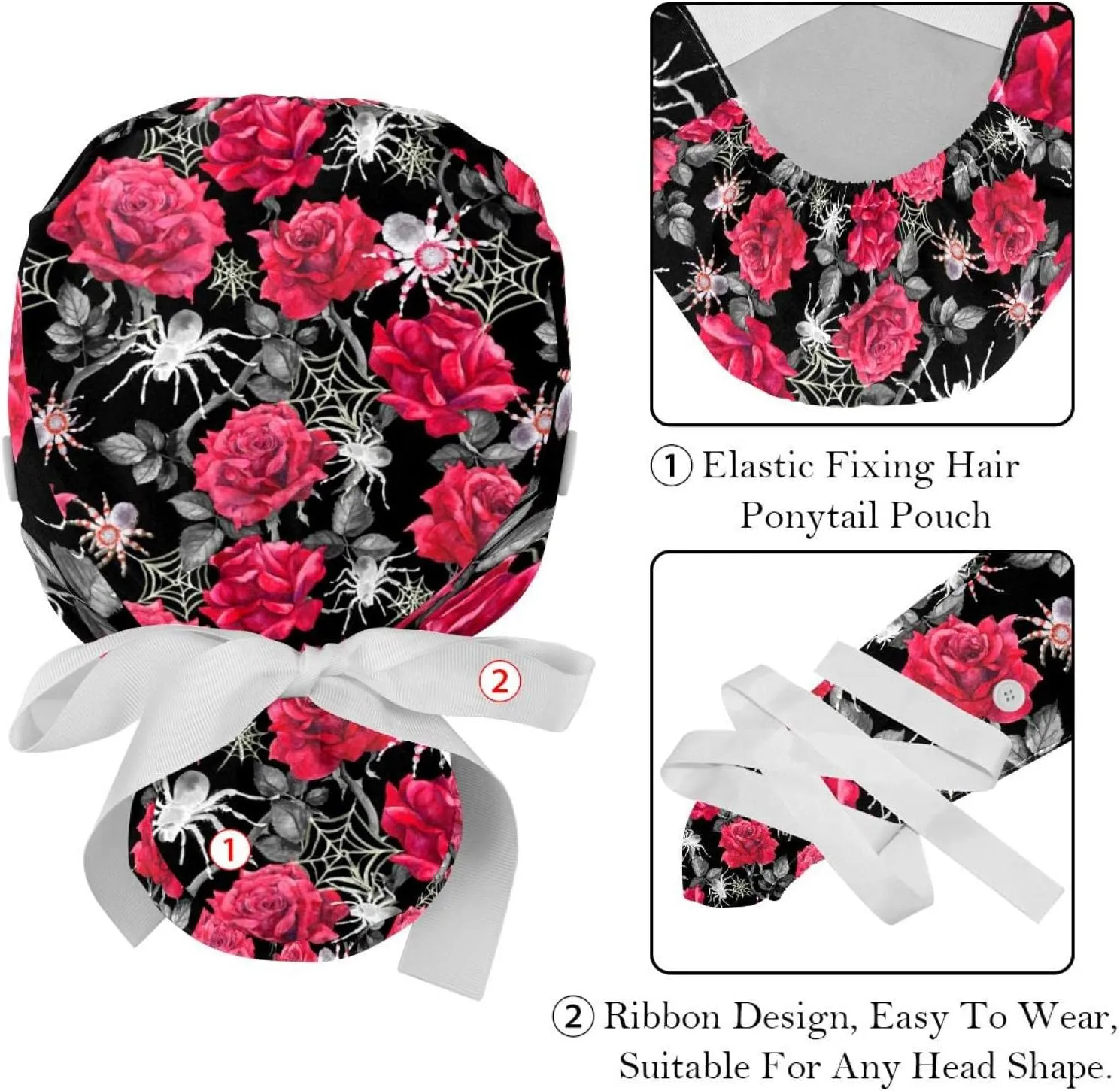 2 Packs Working Cap with Button for Women Long Hair Adjustable Elastic Bandage Tie Back Hats Bouffant Caps Floral