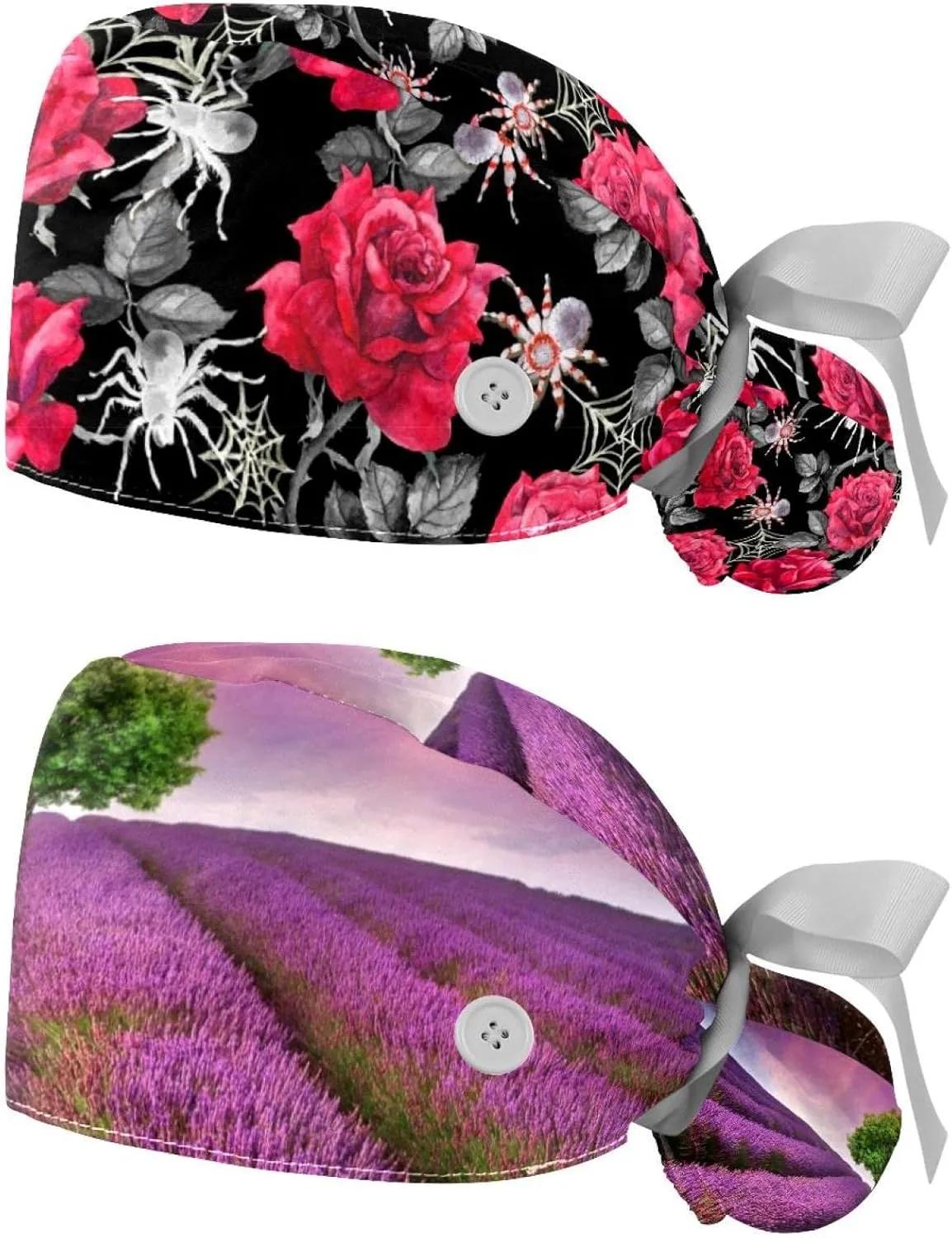 2 Packs Working Cap with Button for Women Long Hair Adjustable Elastic Bandage Tie Back Hats Bouffant Caps Floral