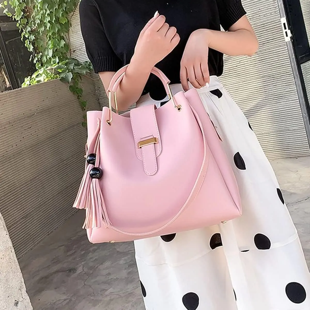 2-PC Purses and Handbags for Women Shoulder Tote Bags Top-handle Bags Satchel with Tassle