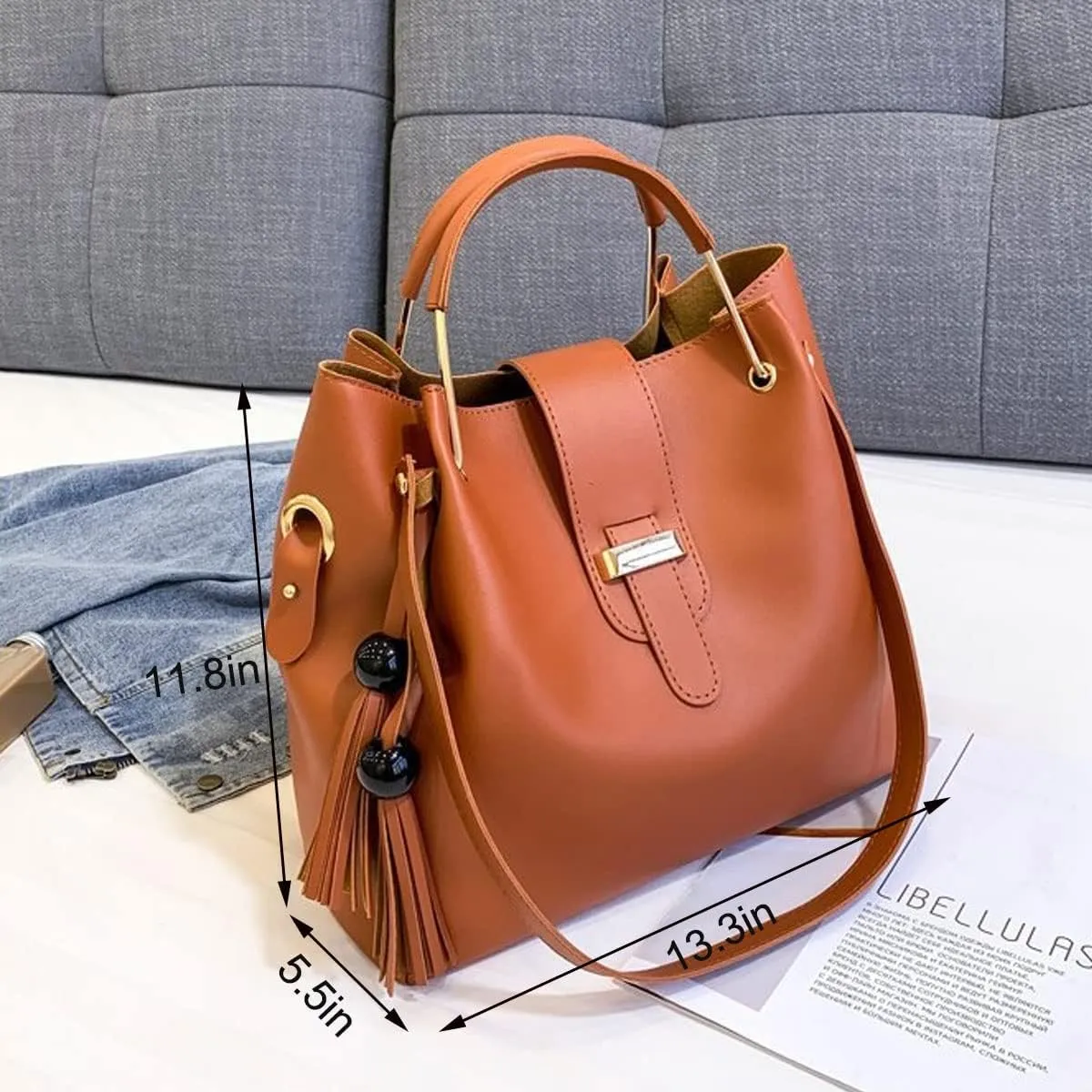 2-PC Purses and Handbags for Women Shoulder Tote Bags Top-handle Bags Satchel with Tassle