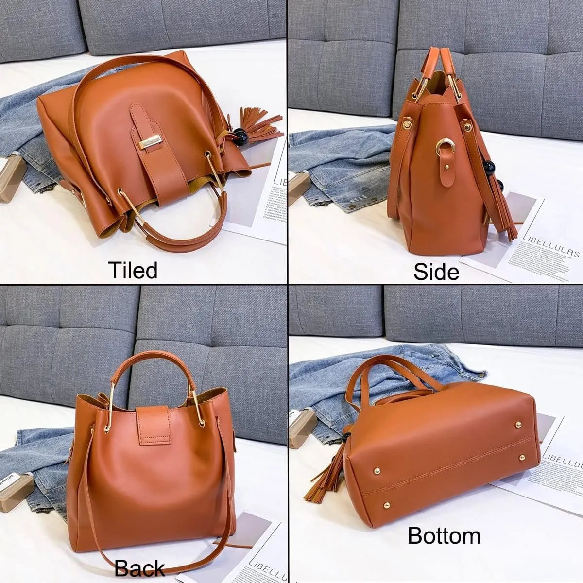2-PC Purses and Handbags for Women Shoulder Tote Bags Top-handle Bags Satchel with Tassle