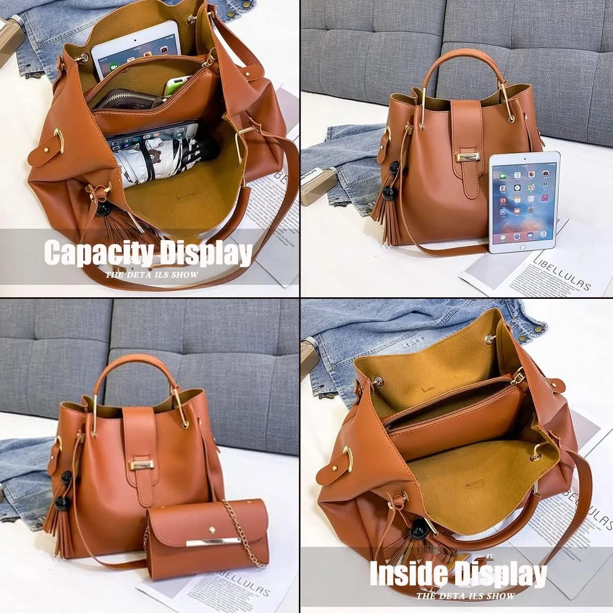 2-PC Purses and Handbags for Women Shoulder Tote Bags Top-handle Bags Satchel with Tassle