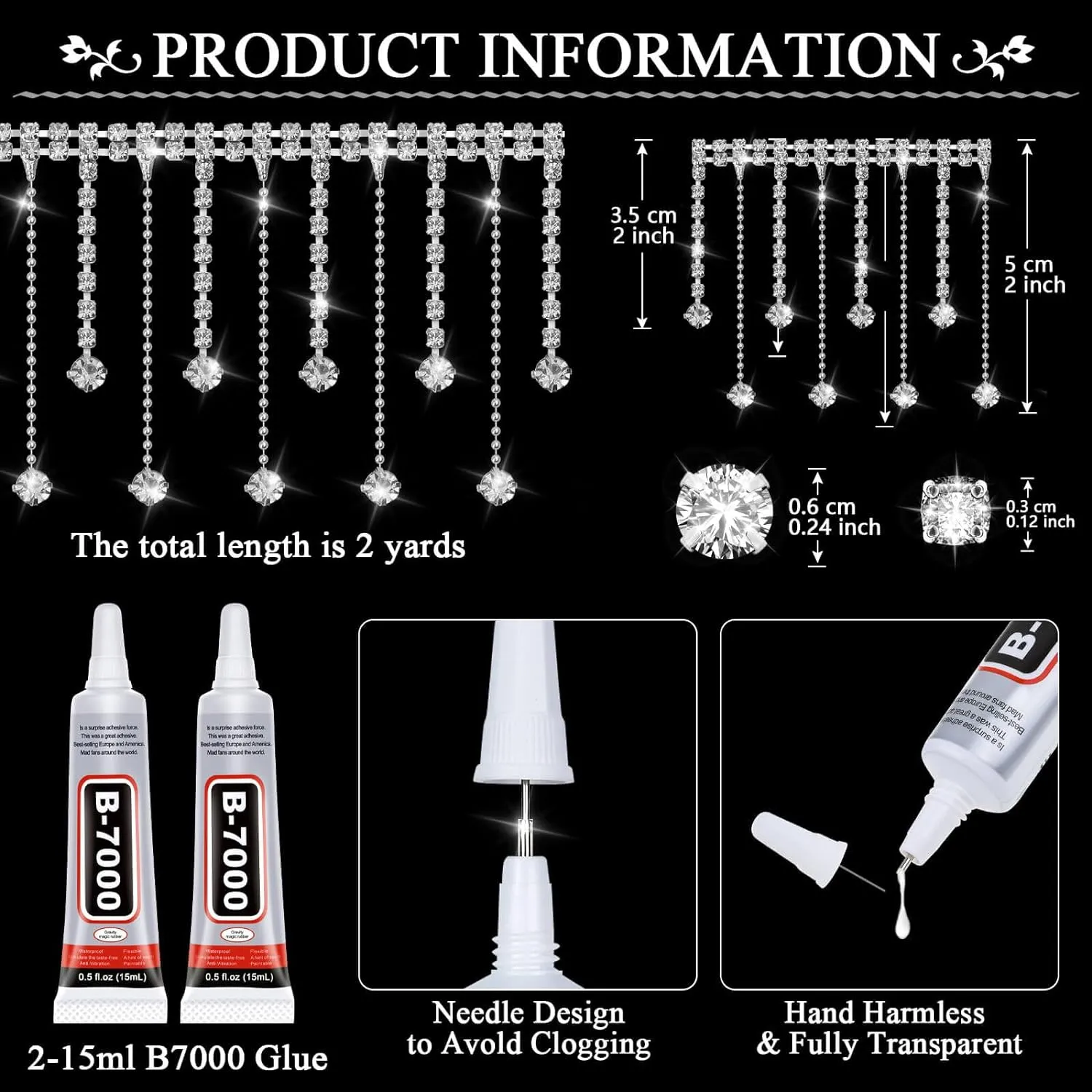 2 Yard Rhinestone Trim Fringe with B7000 Glue, Irregular Rhinestone Fringe Belt Rhinestone Tassel, Sparkle Diamond Fringe Rhinestone Ribbon Tassel Chain for DIY Clothing Wedding Decoration