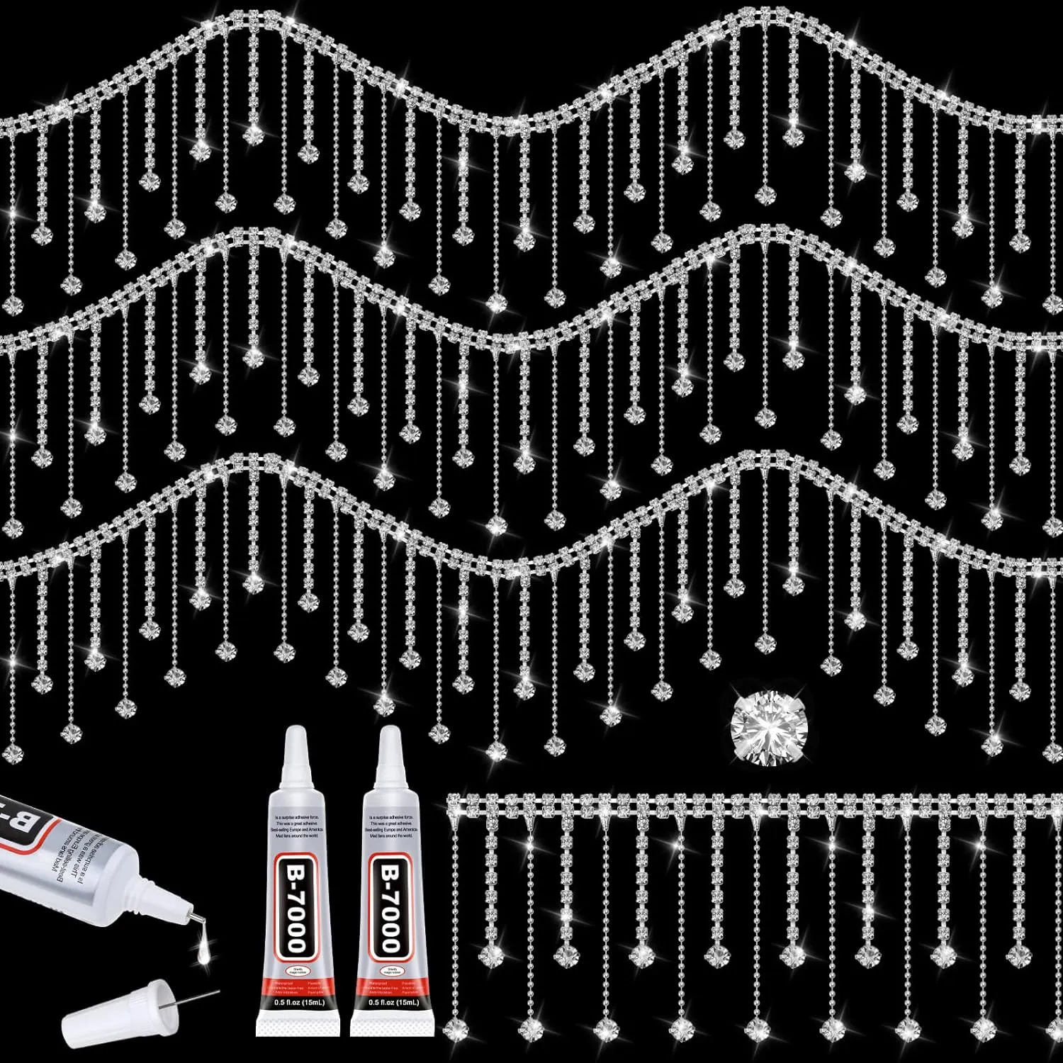 2 Yard Rhinestone Trim Fringe with B7000 Glue, Irregular Rhinestone Fringe Belt Rhinestone Tassel, Sparkle Diamond Fringe Rhinestone Ribbon Tassel Chain for DIY Clothing Wedding Decoration