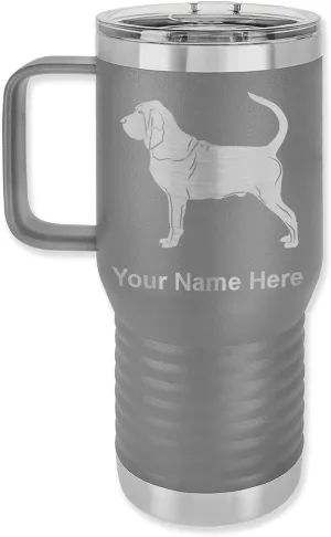 20oz Vacuum Insulated Travel Mug with Handle, Bloodhound Dog, Personalized Engraving Included (Gray)