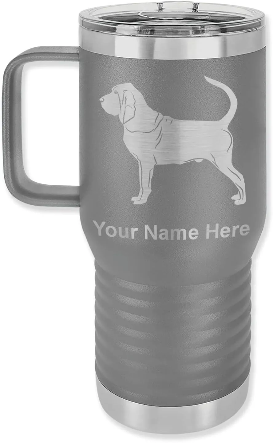20oz Vacuum Insulated Travel Mug with Handle, Bloodhound Dog, Personalized Engraving Included (Gray)