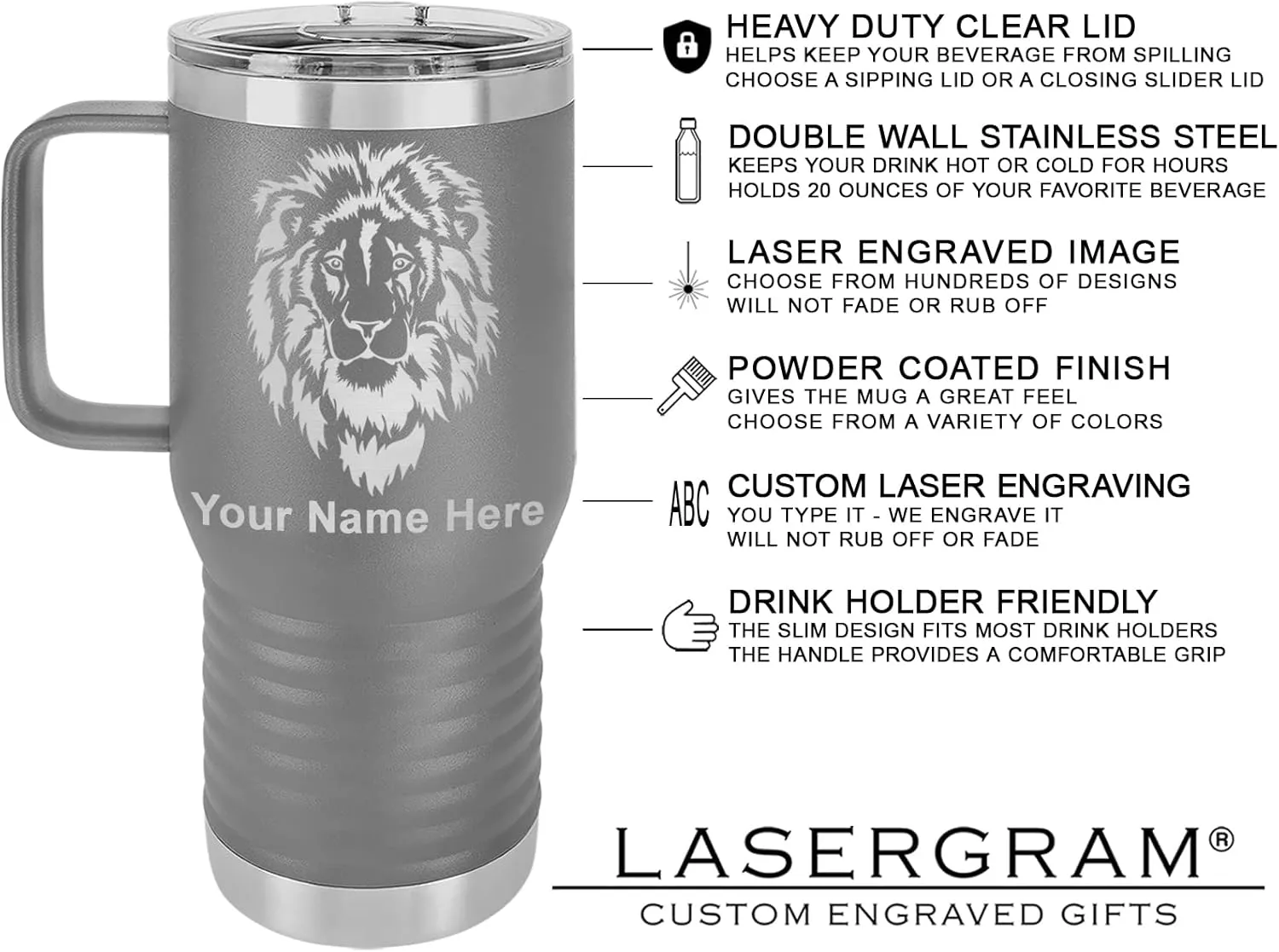 20oz Vacuum Insulated Travel Mug with Handle, Bloodhound Dog, Personalized Engraving Included (Gray)