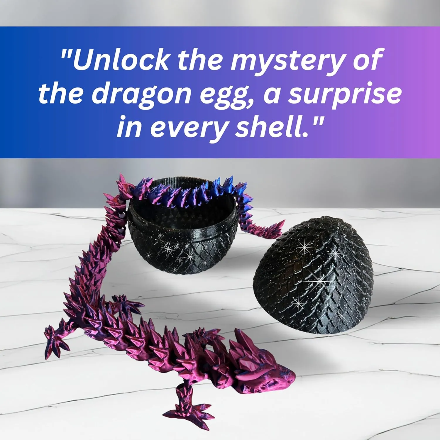 20" Articulated Dragon With Egg - Big Color Changing - 3D Printed Dragon With Egg - Fidget Dragon Egg & 3D Dragon - Toy Dragon Egg With Figures - Made in the USA - (Blue/Red With Black Egg)
