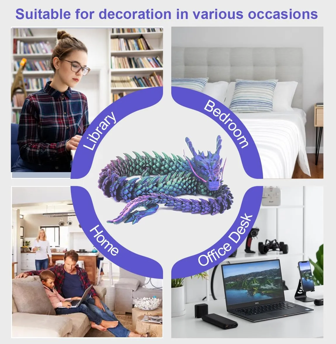 24 inch 3D Printed Dragon,3D Printed Flexible Articulated Dragon, Reinforcement of Unbreakable 3D Dragon,Dragon Fidget Toys for Autism/ADHD,Home Office Decor Executive Desk Toy (Purple)